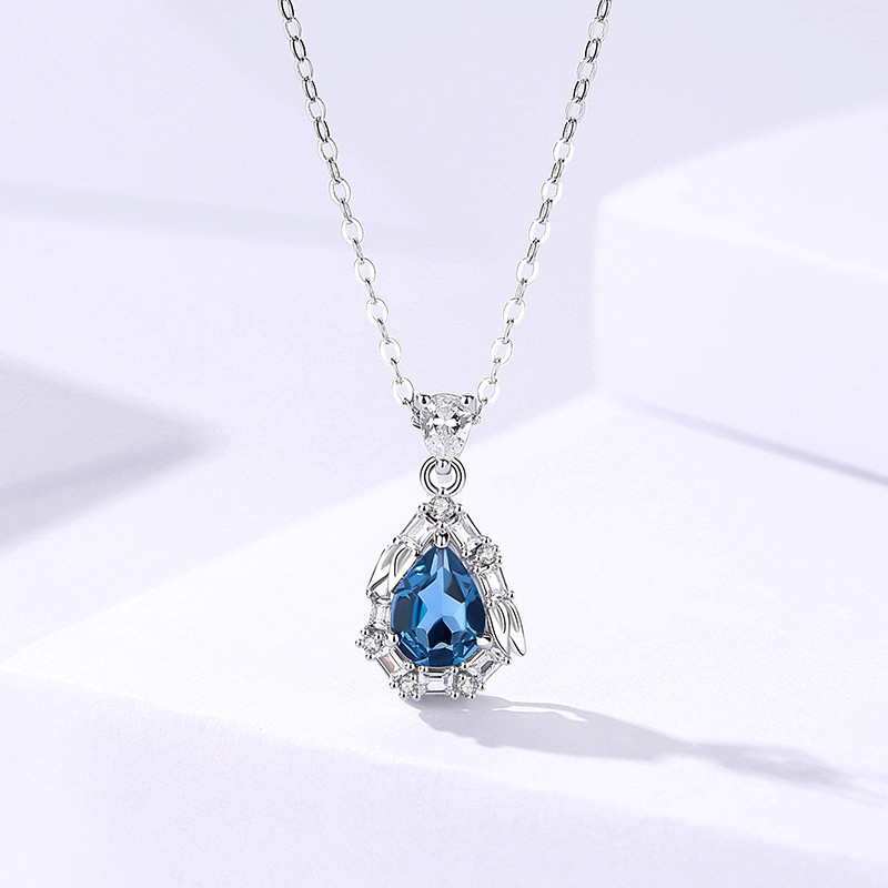 Kalung Wanita Elegan Damila Blue Water Drop Topaz untuk S925 Sterling Silver Rantai Tulang Selangka 