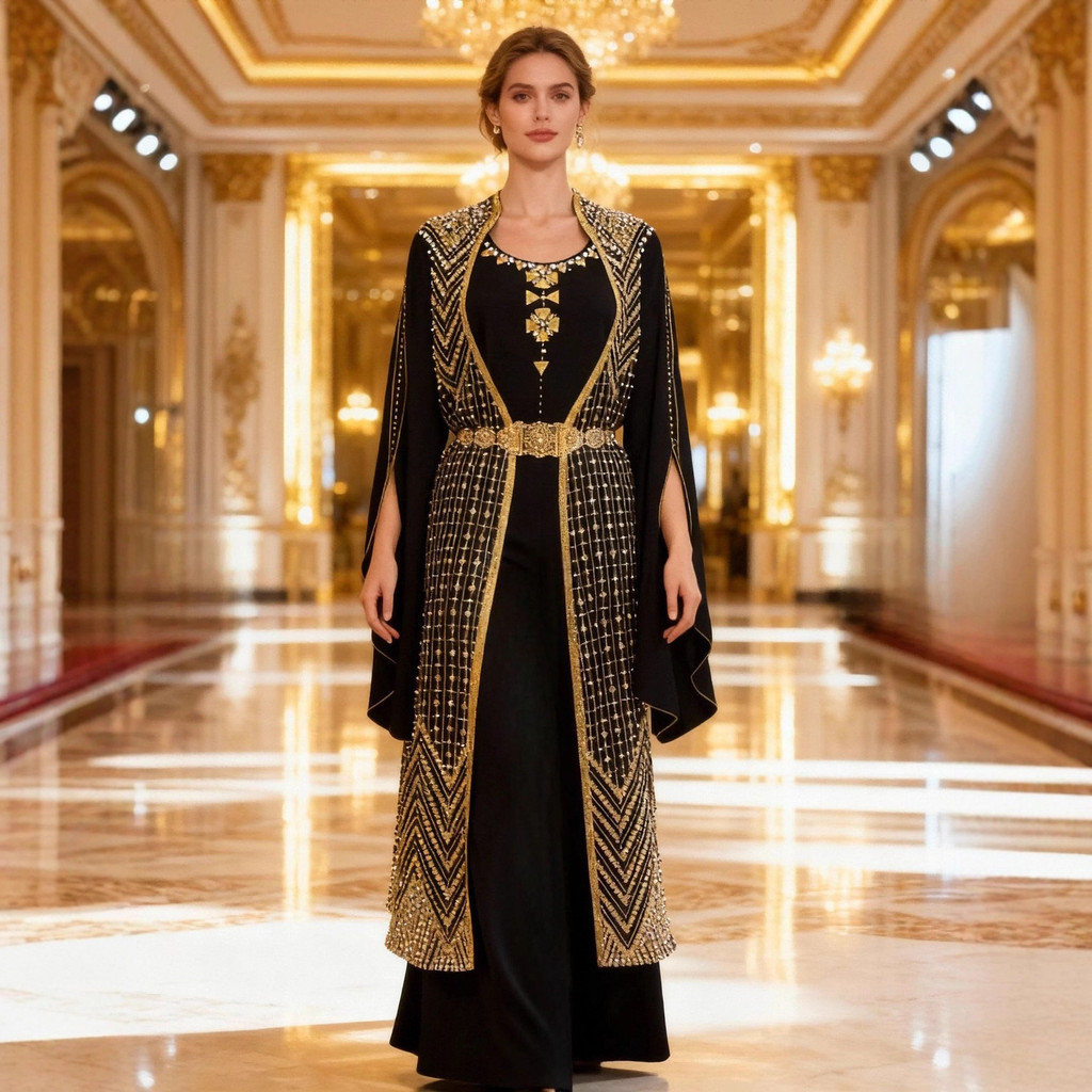 Dress Gaun Wanita Muslim Abaya Arab Bordir Vintage Jubah Hitam Pakaian Islami Lengan Panjang untuk B