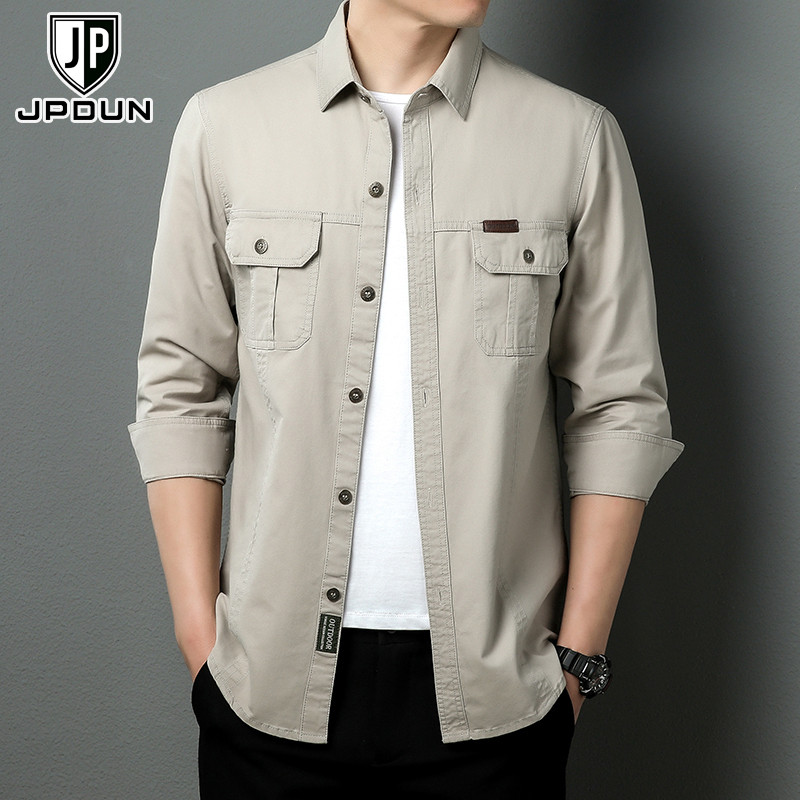 Pakaian Kemeja Pria Lengan Panjang     Katun Murni Serbaguna Santai Bergaya Oversized Jaket Tipis Ke