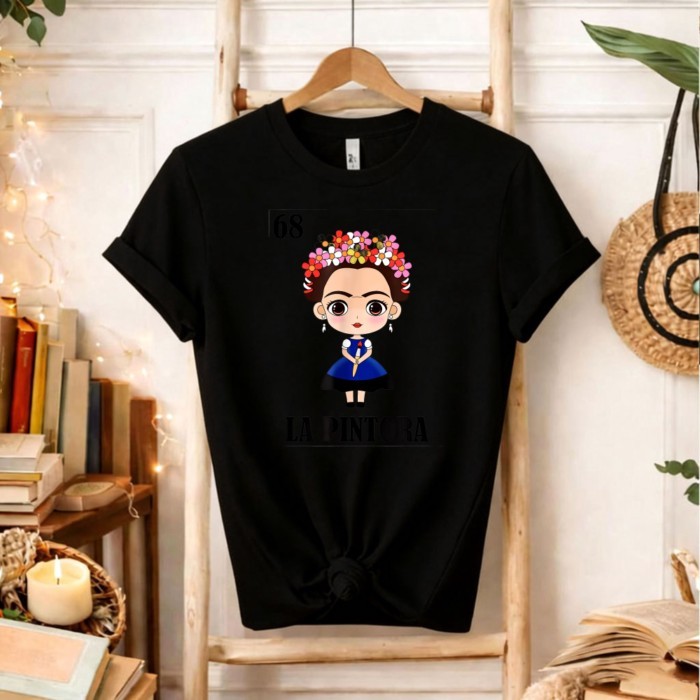 Cute Cartoons Chibi Frida Kahlo T-Shirt Mexican Artist Kawaii Graphic Tee Art Lover Gift Summer Clo