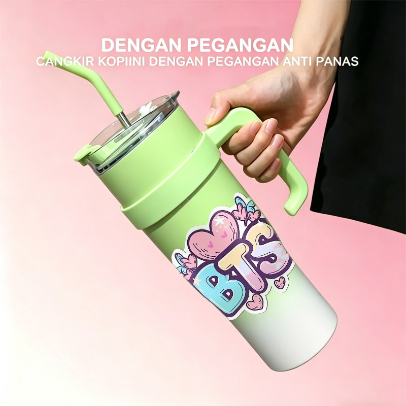 BTS Heart Sticker  Cangkir Termos 304 Baja Tahan Karat Kopi 1182Ml, Botol Termos Vakum Portabel, Des