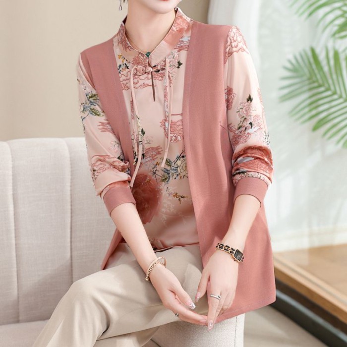 Sweter Ibu Dua Potong Palsu Gaya Cina Setelan Kaus Lengan Panjang untuk Wanita Musim Semi dan Musim 