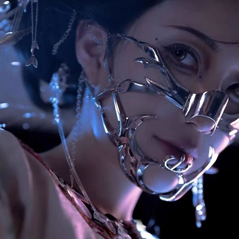 Topeng Cosplay Logam Cyberpunk untuk Wanita, Mulut, Penutup Gigitan Pria, Halloween, Dekorasi Rantai