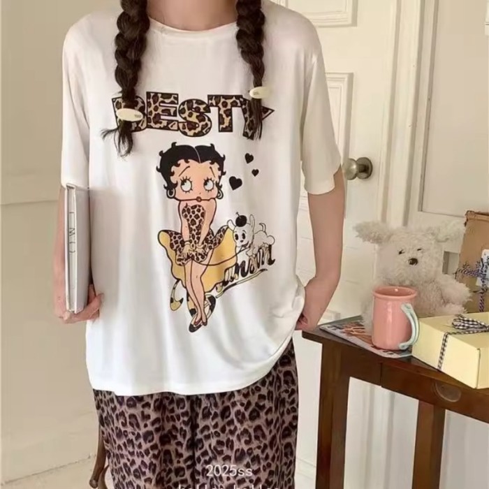 Kawaii Betty Boop Pajamas Cute Summer Short Sleeved Long Pants Home Clothes Soft Loose and Comforta