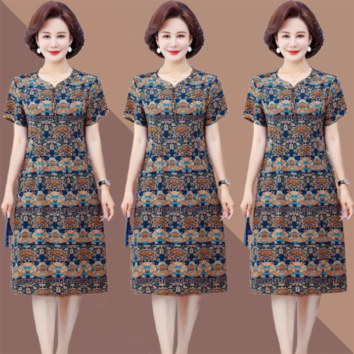 Gaun Kelas Atas Musim Panas Ibu 2024 Rok Lengan Pendek Bunga Setinggi Lutut Pelangsing Penutup Perut