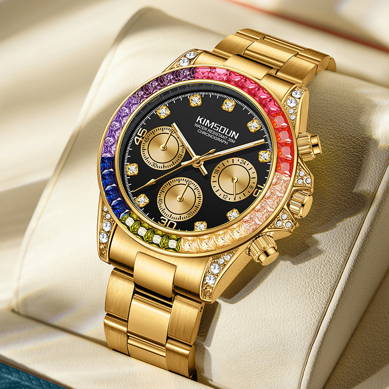 Jam Tangan Pria Rainbow Dior Merek Kingston , Bertatahkan Berlian, Quartz Multifungsi, Jam Tangan Pr