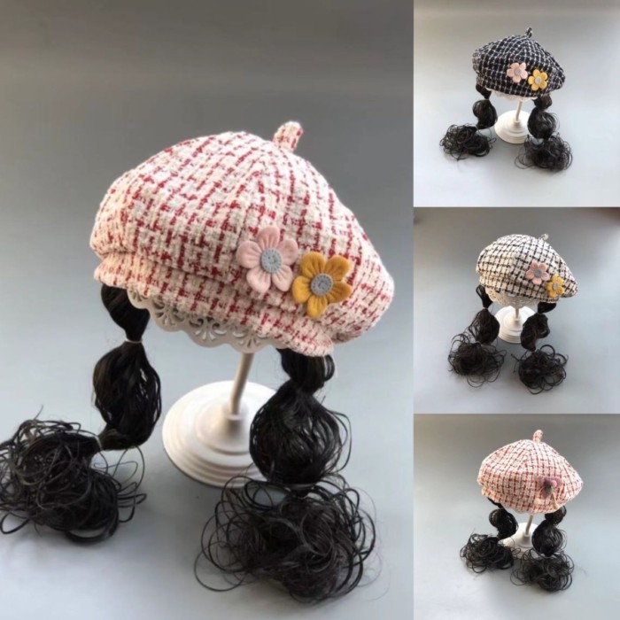 Topi baret wig kotak-kotak perempuan topi pelukis anak-anak topi rambut panjang baret anak-anak musi