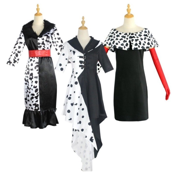 Film 101 Anjing Setia karena kostum pertunjukan panggung gaun cosplay Cruella Deville penyihir hita