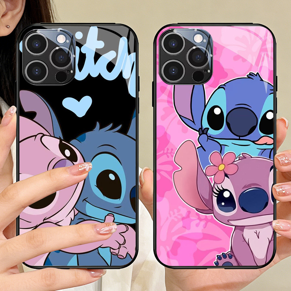 P-46 Stitch Casing ponsel kaca tempered iPhone 14 15 Plus Pro Max