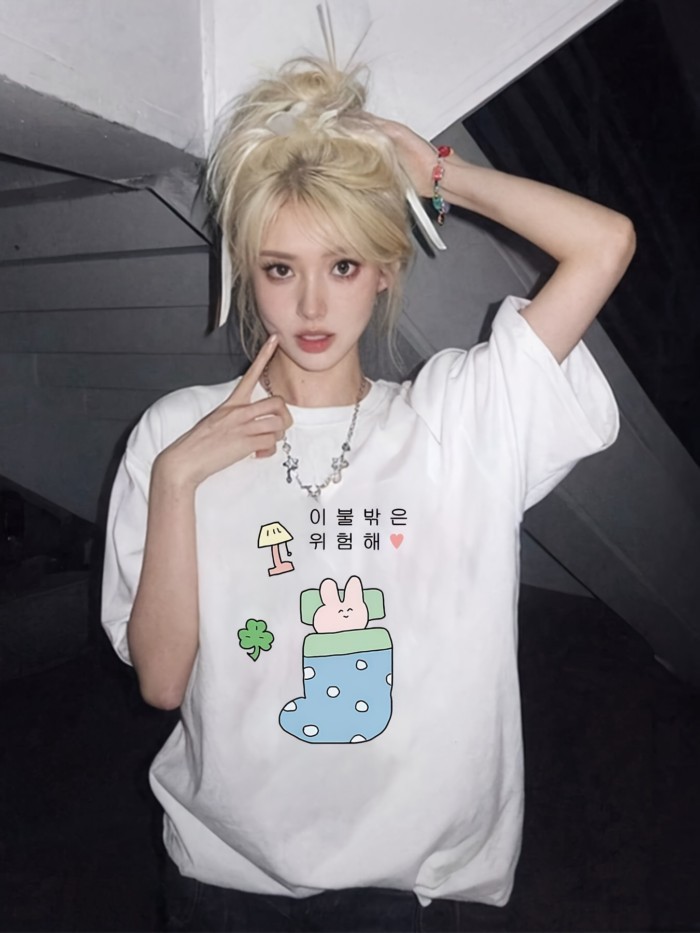Ladies' Korean Style Cute Rabbit Cartoon Pattern T-shirt Regular Harajuku Aesthetic Style Casual To