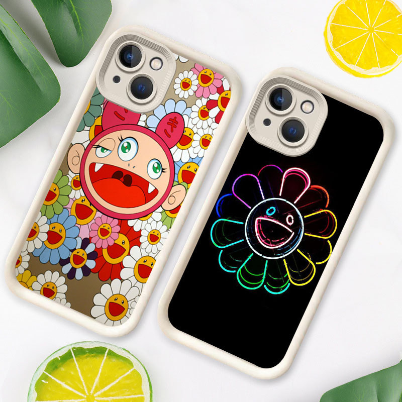 R27 Murakami Takashi Casing untuk iPhone 14 7 13 8 SE Pro Max Plus 2022 Kasus(Hitam/Putih)