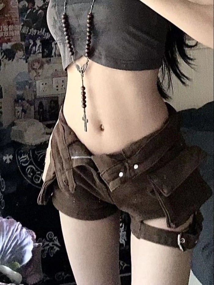 Celana Pendek Denim Pinggang Tinggi Gadis Populer Gaya Getaran Jalanan Amerika Desain Wanita Overall