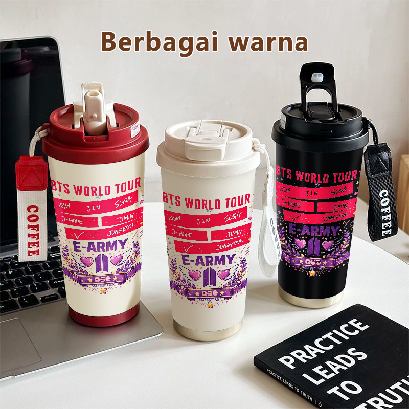 BTS World Tour E - ARMY  Tumbler kopi Lucu Hadiah Perempuan Termos air panas Portabel 500ml Mug Coff