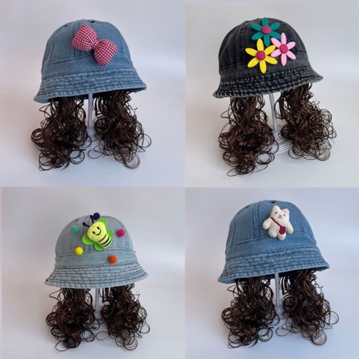 Topi Basin Anak-anak Wig Panjang Putri Topi Pelindung Matahari Musim Semi dan Musim Gugur Topi Koboi