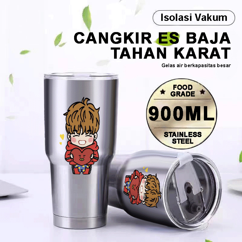 Tumbler Stainless Steel 304 V BTS 900ml Food Grade Anti Bocor dengan Sedotan Tahan Panas dan Dingin 