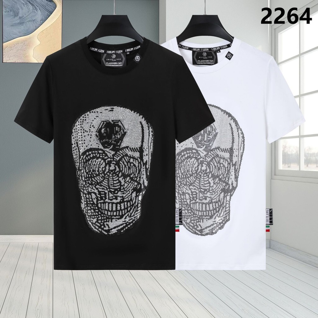 Kemeja Pria Import Merek Trendy Philipp Plein Semi Musim Panas Lengan Leher Bulat Kepribadian Domina