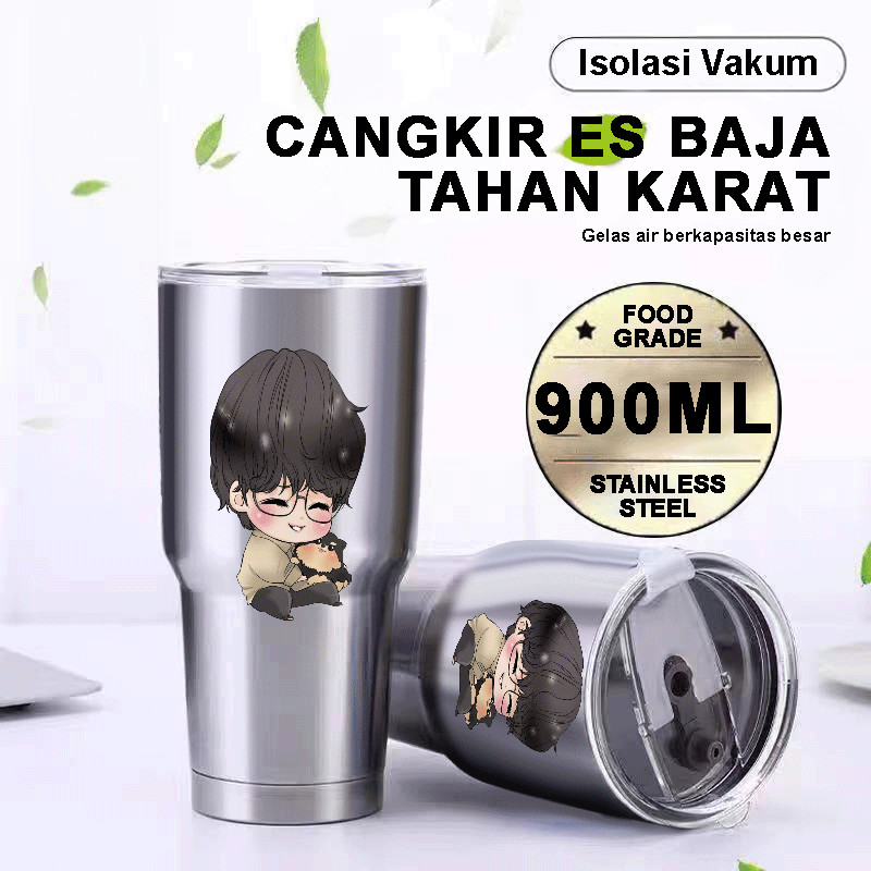 Tumbler Stainless Steel 304 V BTS 900ml Food Grade Anti Bocor dengan Sedotan Tahan Panas dan Dingin 