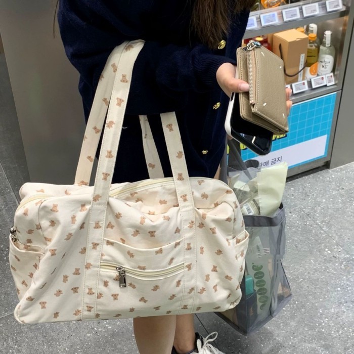 Tas INS Boston Versi Korea Tas Tote Tas Bahu Kapasitas Besar Portabel Kanvas Katun Manis Beruang Lis