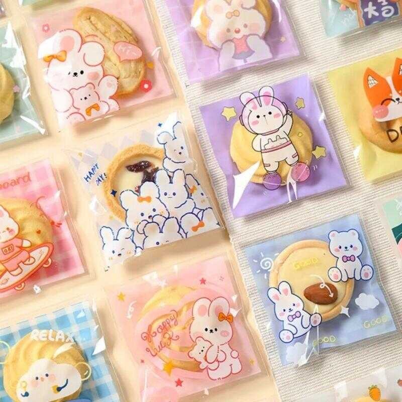 

100pcs COOKIES 7x7 dan 10x10 OPP UNYU PLASTIK BUNGKUS PERMEN LUCU Perekat