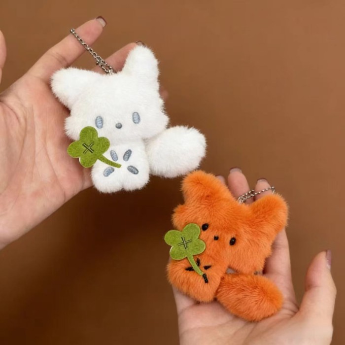 Liontin Rubah Kecil yang Lucu, Gantungan Kunci Boneka Mewah Rubah Putih, Liontin Ransel Hidung Keci