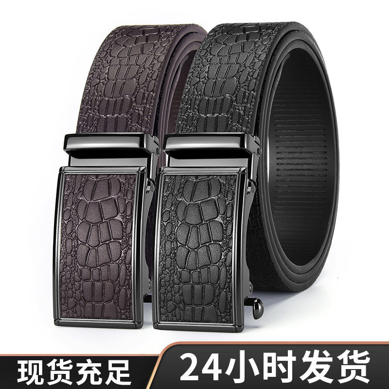 Ikat Pinggang Import Bisnis Asli Tanpa Gigi Otomatis Pola Buaya Pria Kulit Sapi Lapisan Atas Sabuk C