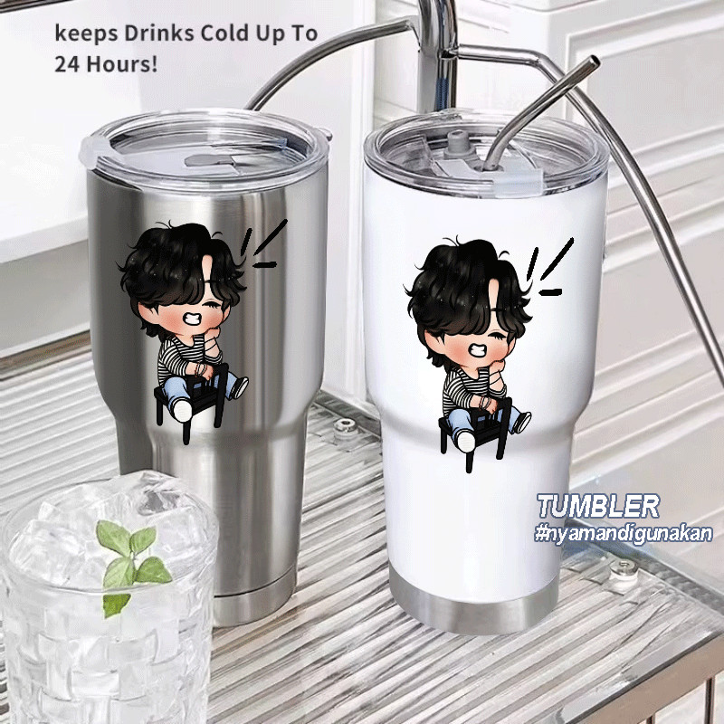 Tumbler Stainless Steel 304 V BTS 900ml Food Grade Anti Bocor dengan Sedotan Tahan Panas dan Dingin 