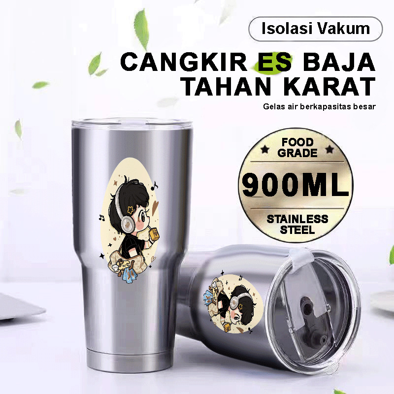 Tumbler Stainless Steel 304 V BTS 900ml Food Grade Anti Bocor dengan Sedotan Tahan Panas dan Dingin 