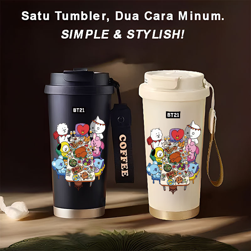 Tumbler BT21  500ml Stainless Steel 316 Portable Botol Minum Simple Stylish & Aesthetic Dengan Sedot