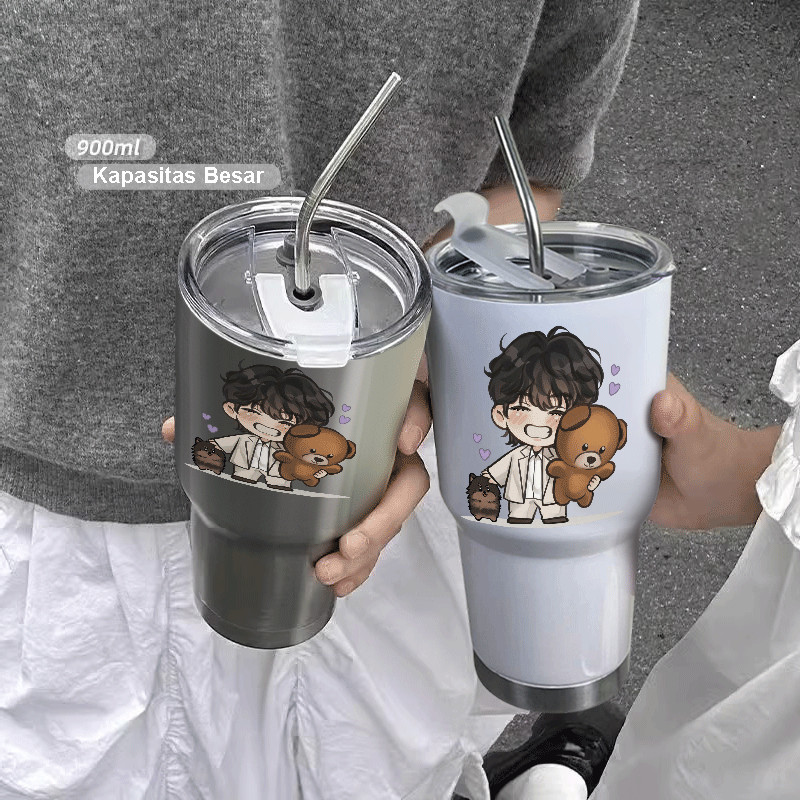Tumbler Stainless Steel 304 V BTS 900ml Food Grade Anti Bocor dengan Sedotan Tahan Panas dan Dingin 