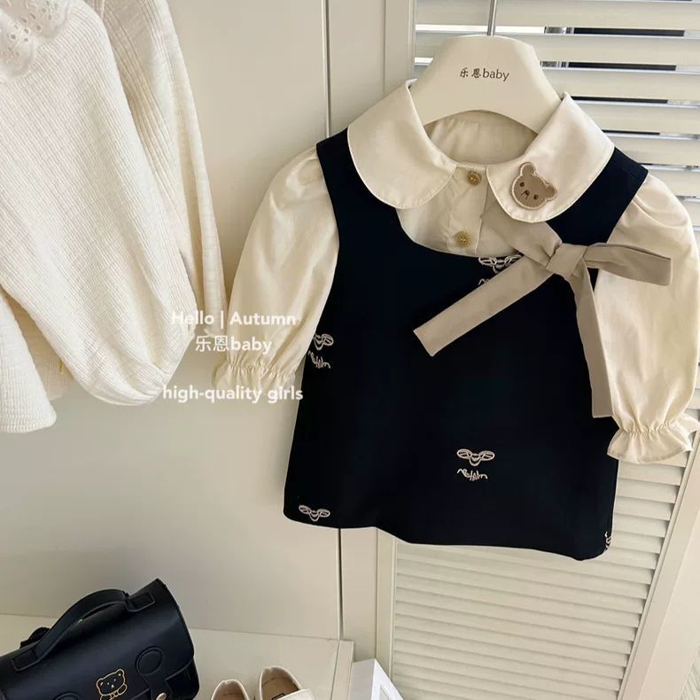 Setelan Gaun Wanita Anak 2025, Kemeja Kartun Beruang + Vest Gaun Trendi, Outfit Bayi Perempuan Lucu