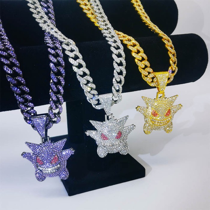 Trendy Cuban Chain Pendant Gengar Chain Cartoon Style Gold Silver Metal Hip Hop Necklace Pendant