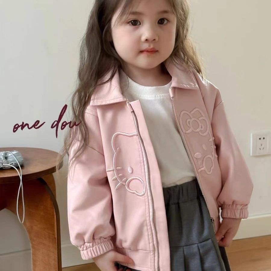 Jaket Bordir Hello Kitty Lucu Gaya Manis Keluaran Baru Musim Gugur 2025 Jaket Kulit Merah Muda Jaket