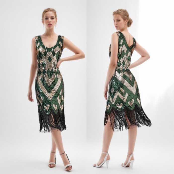 Gatsby Retro 1920s Sexy V-neck Sequin Tassel Ball Dress Banquet Party Beaded Mini Dress