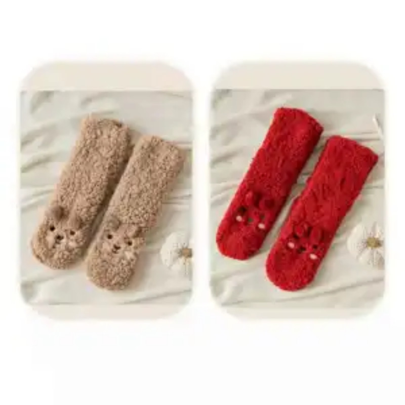 Kaus kaki beludru karang untuk wanita, kaus kaki lantai dalam ruangan musim dingin tebal, kaus kaki 