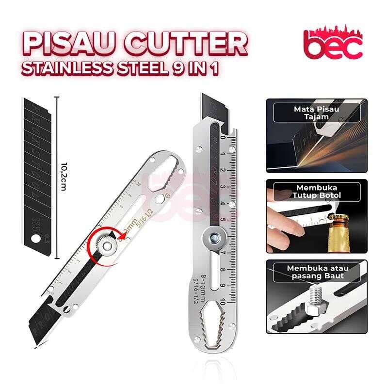

[BEC] Pisau Cutter Stainless Steel 9in1 Multifungsi Pengencang Mur / Skrup Pembuka Tutup Botol | Penggaris Kater Tam