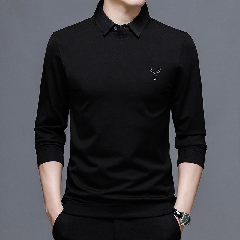 Kemeja Pria Terbaru 2025 Musim Semi Kaos Pria Baru Kasual Kerah Turun Atasan Palsu Dua Potong Lengan