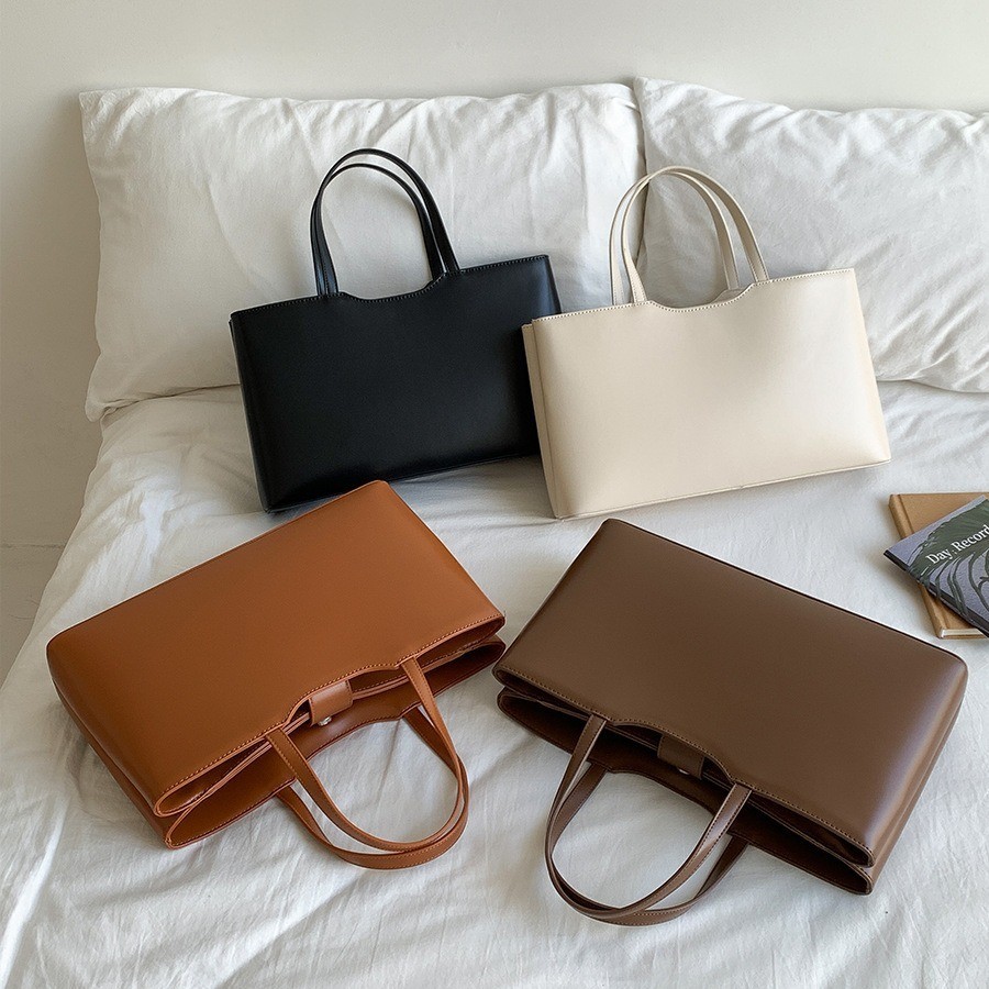 Tas Wanita Terbaru Warna Solid Sederhana Korea Kapasitas Besar Rasa Mewah Tas Tangan PU Kulit Elegan