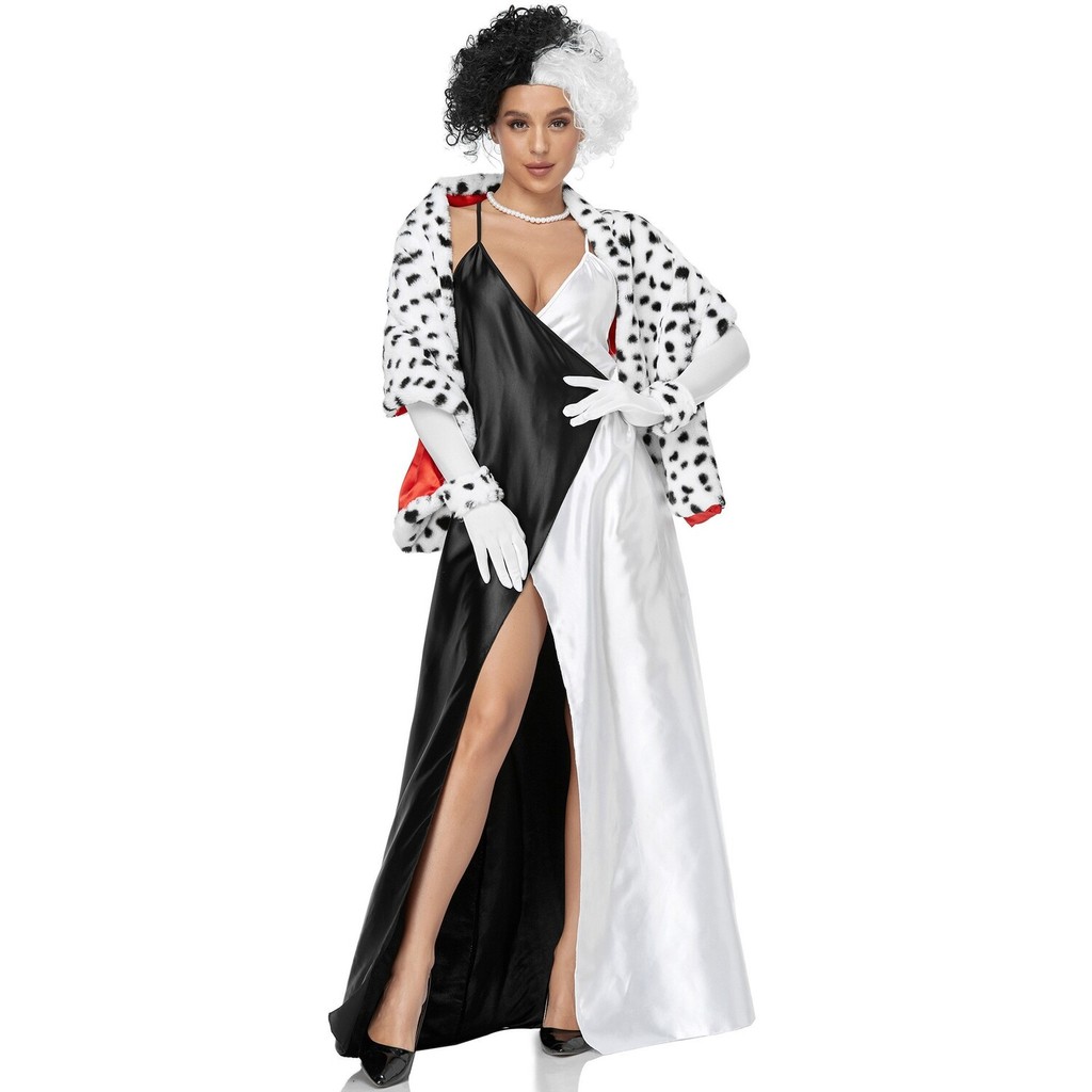 Kostum Cosplay Terbaru Wanita Dewasa Halloween Cruella Dalmatians Kostum Cosplay Setelan Penyihir Hi