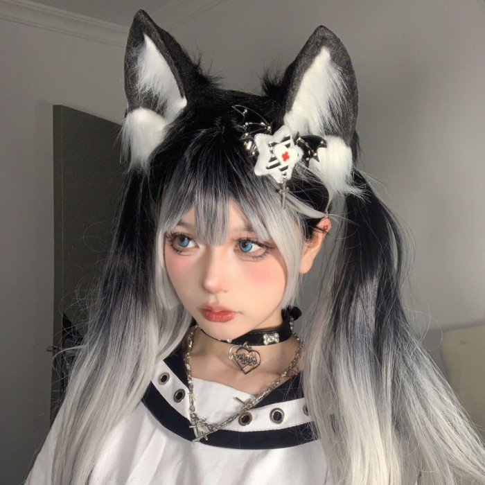 Gadis Y2K Lembut Gadis Telinga Serigala Cosplay Telinga Kucing Bulang Serigala Mewah Simulasi Hewan 