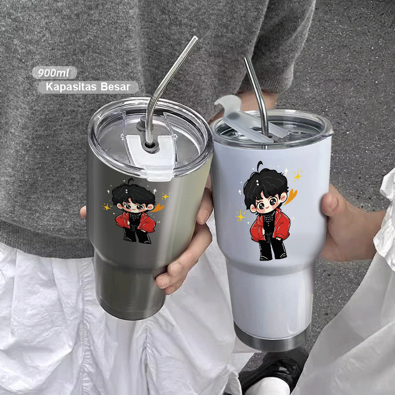 Tumbler Stainless Steel 304 V BTS 900ml Food Grade Anti Bocor dengan Sedotan Tahan Panas dan Dingin 