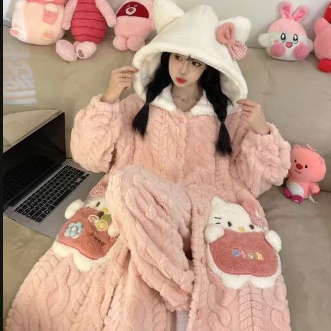 Piyama Wanita Musim Gugur Dan Musim Dingin Setelan Beludru Karang Tebal Dengan Lengan Panjang Dan Ba