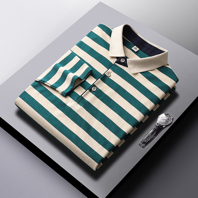 Kaos Polo Lengan Panjang THOM BRIELLE Seri   Baru Bergaris TB Katun Penuh Kerah Lipat Pria Berkualit