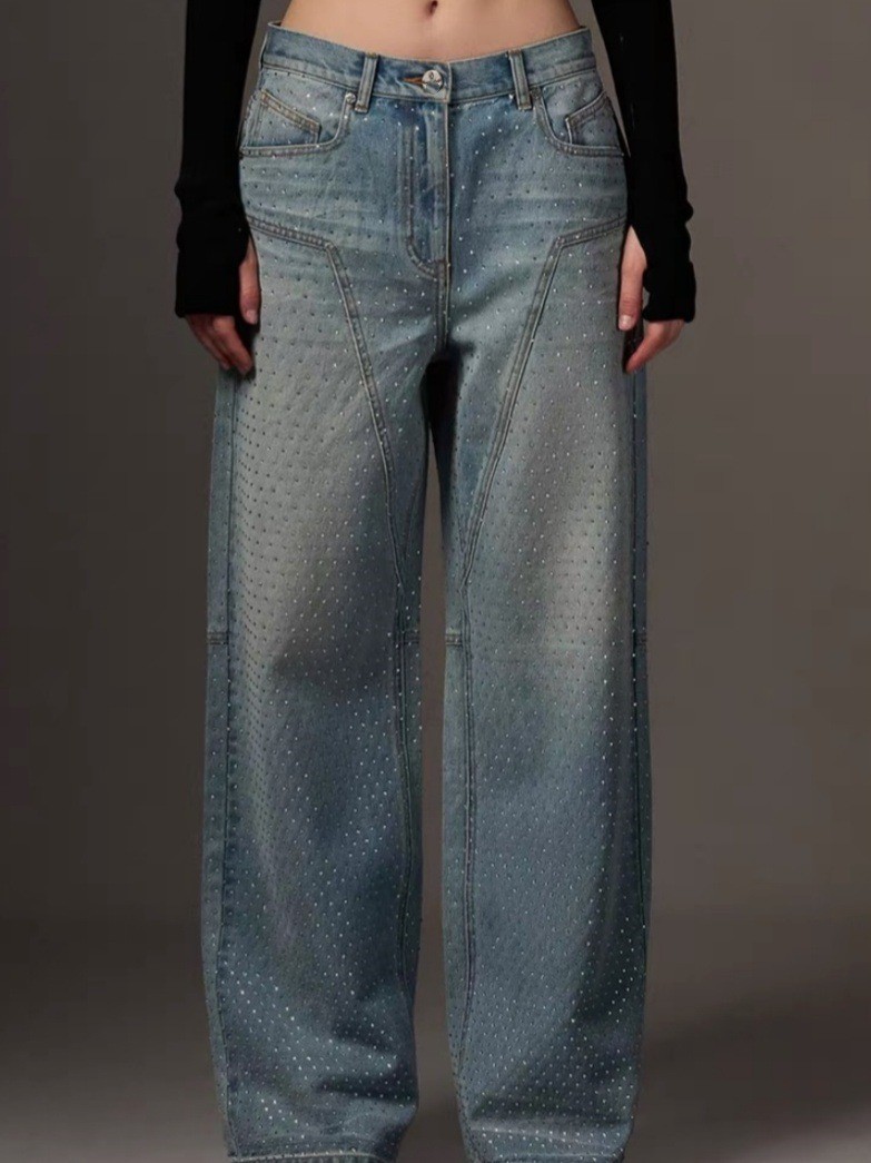 Celana Jeans Lurus SMFK Phantom Statue Berbahan Katun Dengan Hiasan Batu Rhinestone Penuh Berkualita