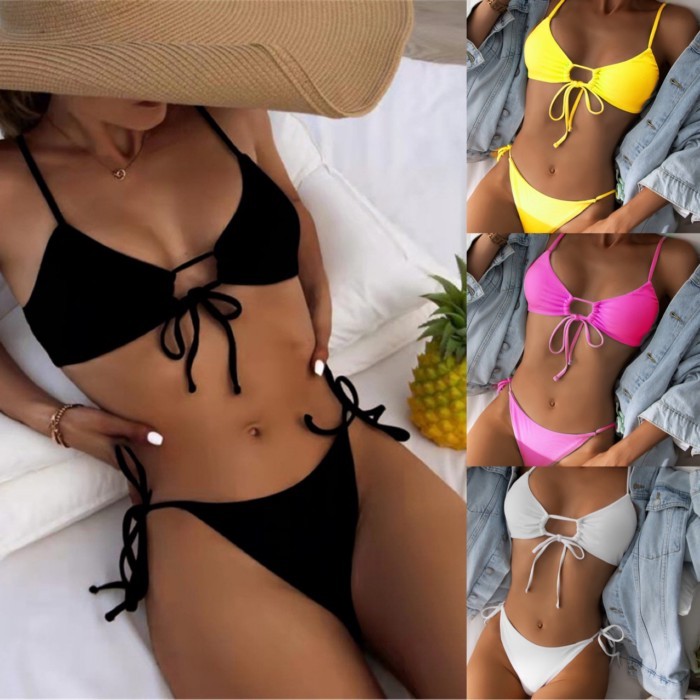Solid Color Three-point Spot Sexy Lace-up Bikini Split Swimsuit Hollow And Adjustable