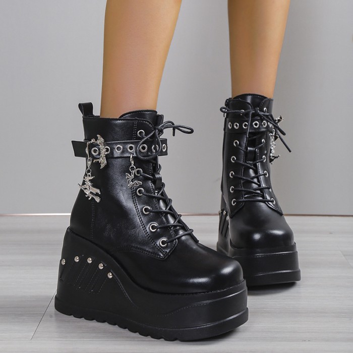 Demonia Thick-soled Boots New Punk Dark Gothic Rivet Wedge Short Boots Women's Large Size Martin Bo