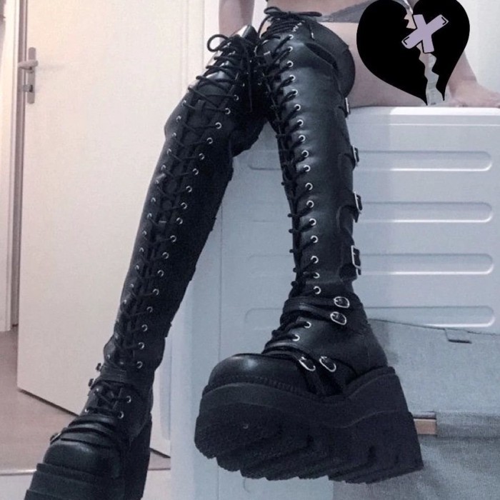 Demonia's Same Dark Over-the-knee Subculture Knight Boots Gothic Wedge Platform Platform Shoes Punk