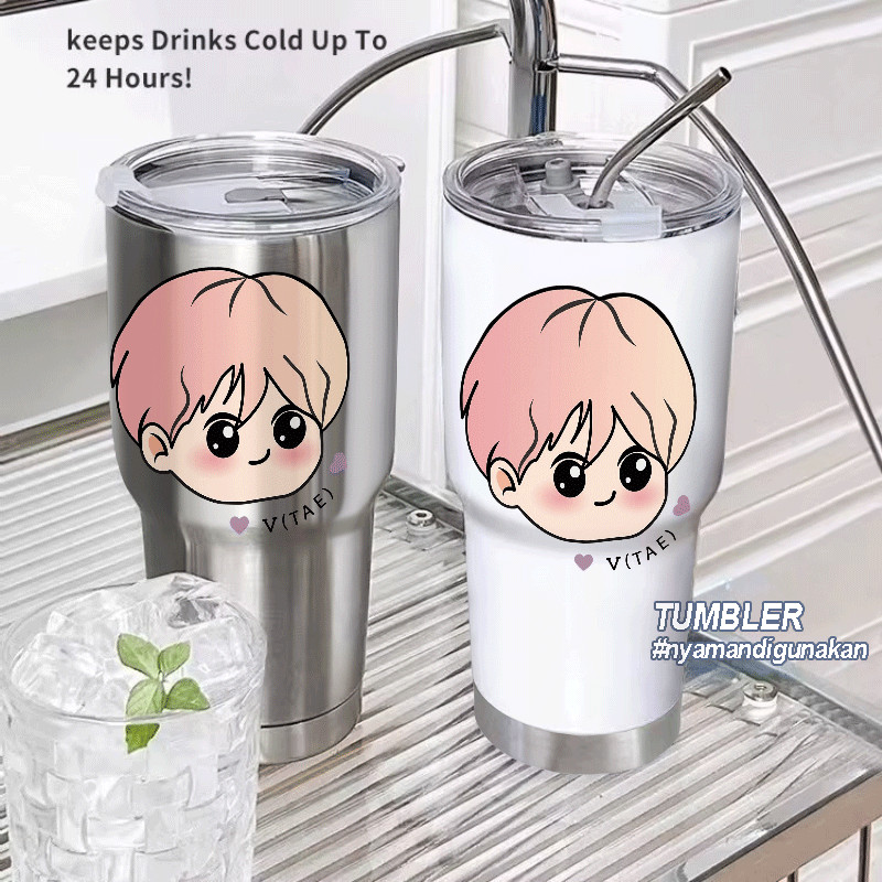 Tumbler Stainless Steel 304 V BTS 900ml Food Grade Anti Bocor dengan Sedotan Tahan Panas dan Dingin 