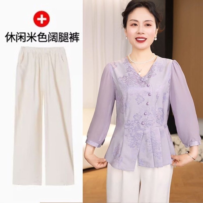 Setelan Pakaian Ibu Wanita Paruh Baya Gaya Tiongkok Baru, Setelan Fashion Dua Potong Celana Panjang 