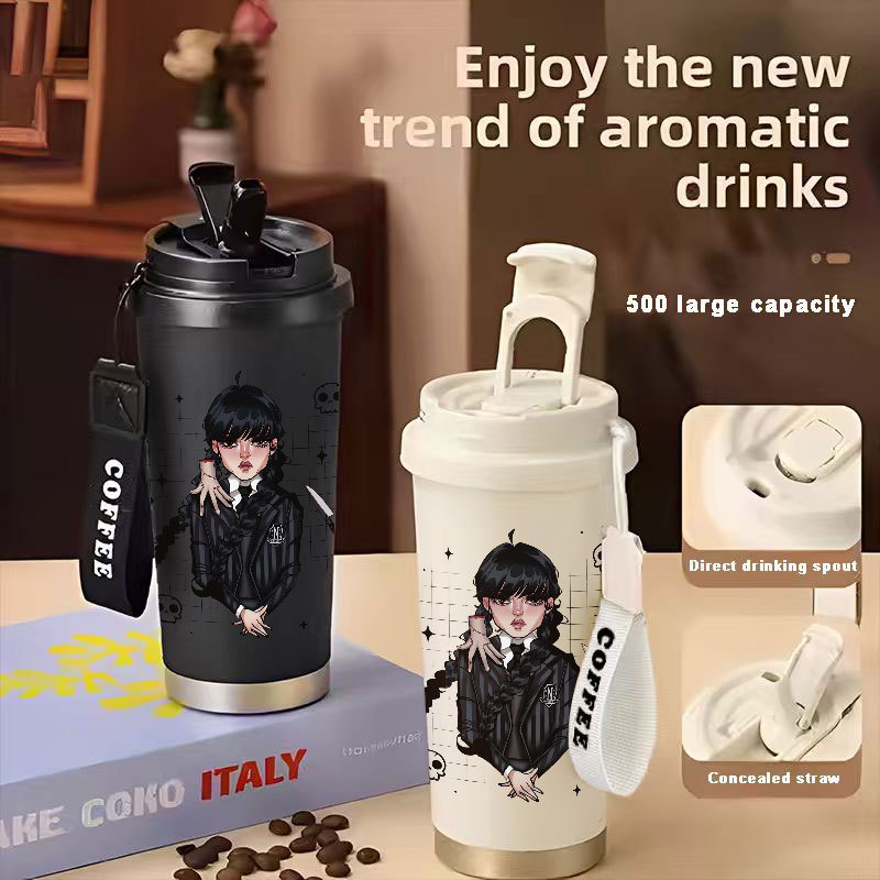 Wednesday Movie Gothic Tumbler Kopi Stainless Steel CUP 500 ML Vacuum Mug Termos Coffee Cup CUPLXSP0