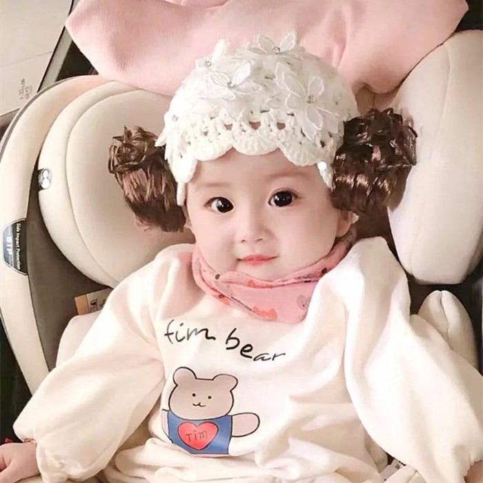 Topi Bayi Musim Semi dan Musim Gugur Topi Wig Bayi Bunga Renda Manis Topi Janin Rajutan Pulover Bayi